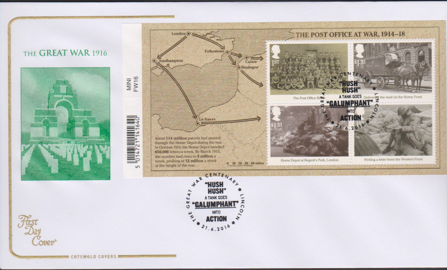 2016 - The Great War 1916, Minisheet COTSWOLD First Day Cover, Centenary of World War I, LINCOLN Postmark